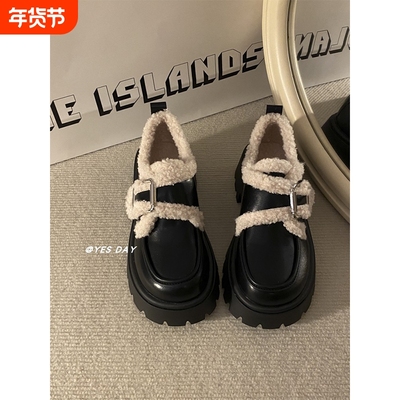 复古英伦风增高厚底魔术贴小皮鞋女2025冬季新款法式加绒保暖棉鞋