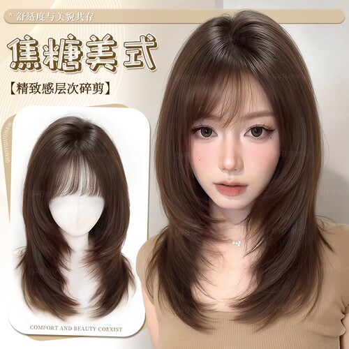 高温丝假发全头套女自然短发头套刘海黑色发丝八字前额高层次锁骨
