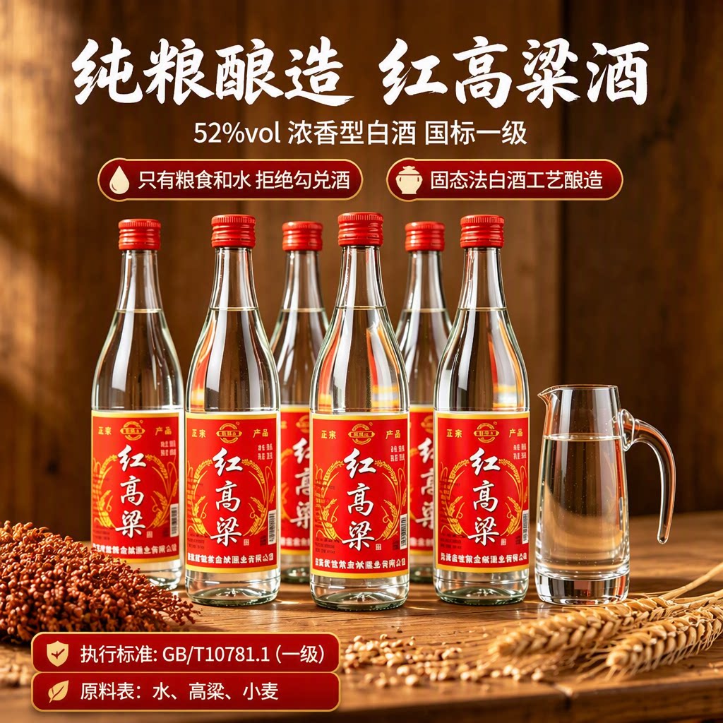 红高粱酒52度浓香型纯粮500ml口粮酒固态法白酒整箱瓶装酒业盛世