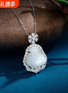 新款冰白佛公项链女时尚满钻白玉髓小众设计高级感佛笑吊坠毛衣链