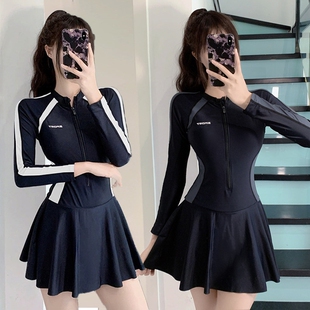 泳衣女款运动连体拼接温泉泳装保守显瘦连衣裙式简约修身度假泳衣
