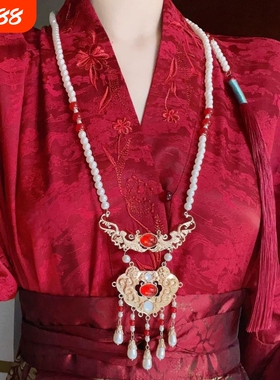 汉服长璎珞背云流苏平安锁项链小众气质个性黄色晚明风宫廷配饰女