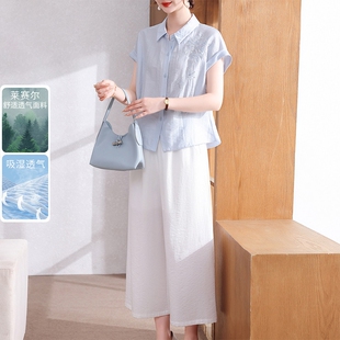 妈妈夏季莱赛尔衬衫2026新款洋气女款中老年人短袖上衣两件套衣服