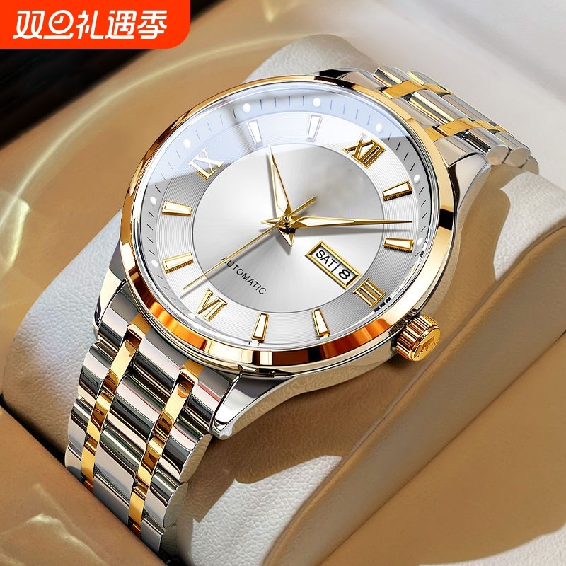 正品瑞士2024新款手表男士全自动机械风防水精钢带双日历男表夜光