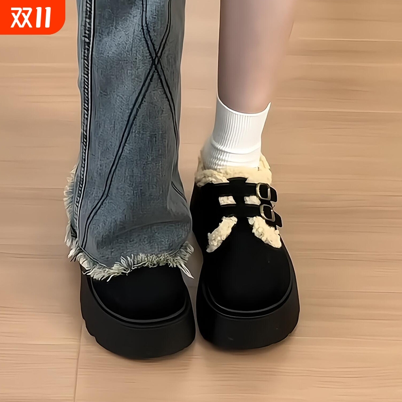 厚底加绒毛毛雪地靴女2025年冬季新款复古保暖勃肯鞋防滑棉鞋黑色