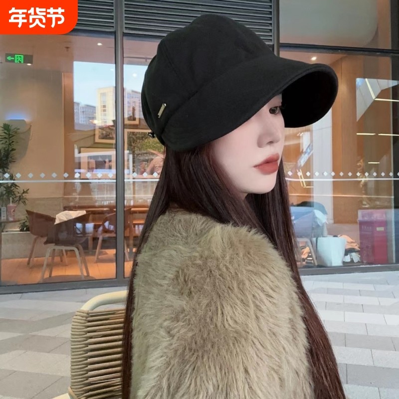 遮脸鸭舌帽子女秋冬渔夫帽明星同款休闲毛呢帽帽檐薄款黑色韩系