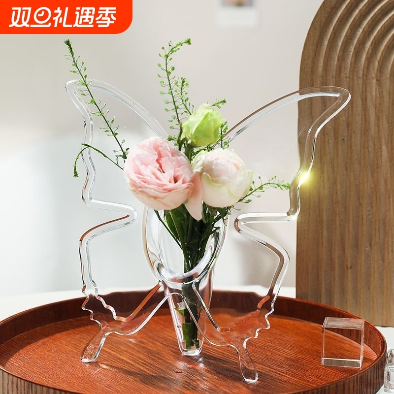 小红书亚克力轻奢高级感蝴蝶花瓶创意艺术相框水培插花器卧室客厅