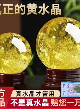 天然黄色真水晶球纯原石风水球招财办公室高档大摆件