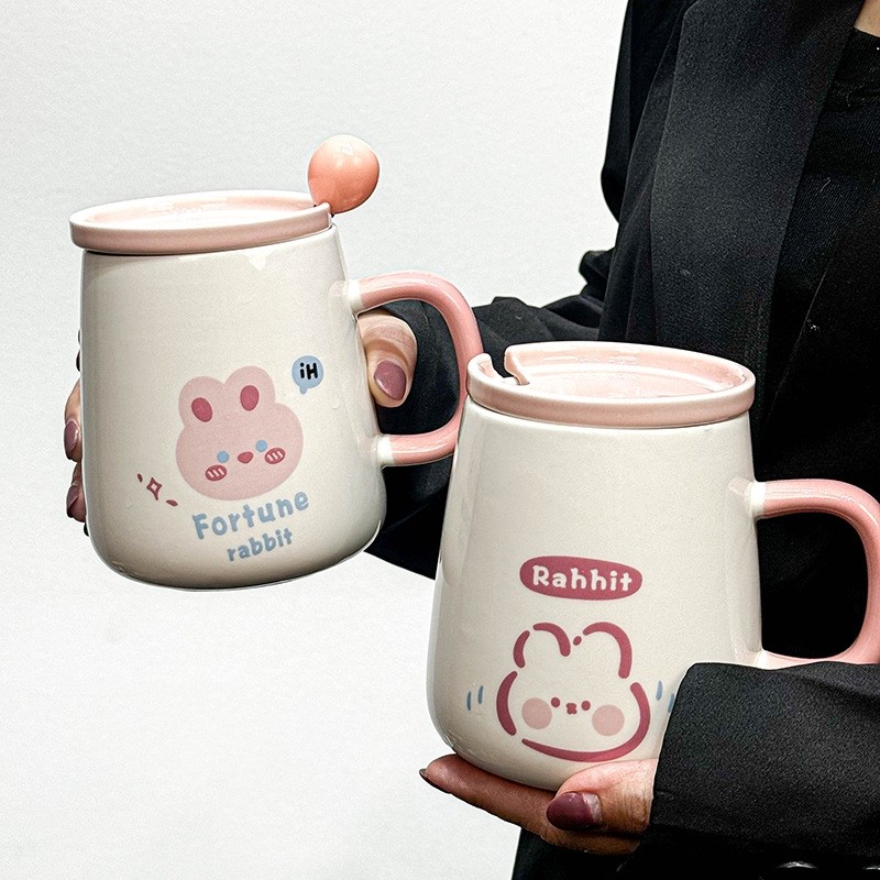 韩式ins可爱卡通粉嫩少女心陶瓷马克杯带盖勺早餐喝水杯公司小礼