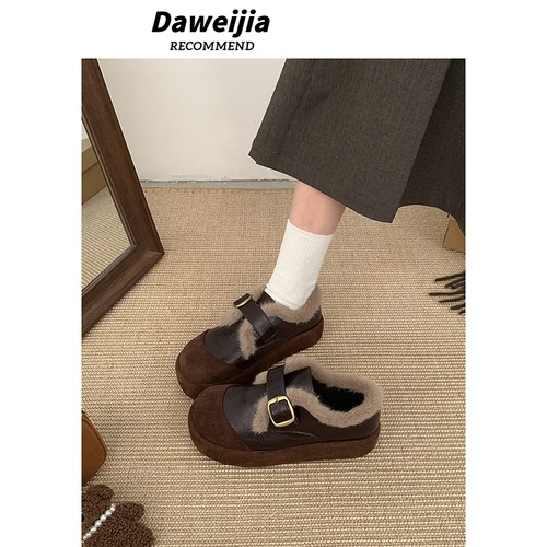 棕色复古加绒加厚保暖厚底棉鞋女冬外穿2025新款增高毛毛勃肯鞋子