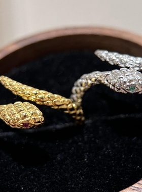 925复古新中式古法红宝石绿钻响尾蛇戒指缠绕设计个性小众食指戒