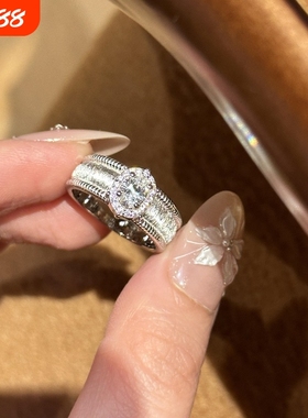 925Vintage中古银色拉丝鸽子蛋戒指满圈锆石宫廷风超闪奢华指环