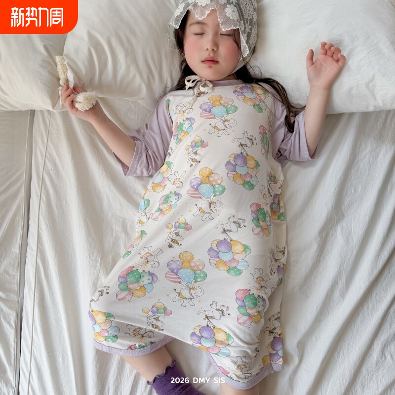 儿童莫代尔睡袋夏季轻薄宝宝连体衣女童睡裙睡袍中大童护肚家居服
