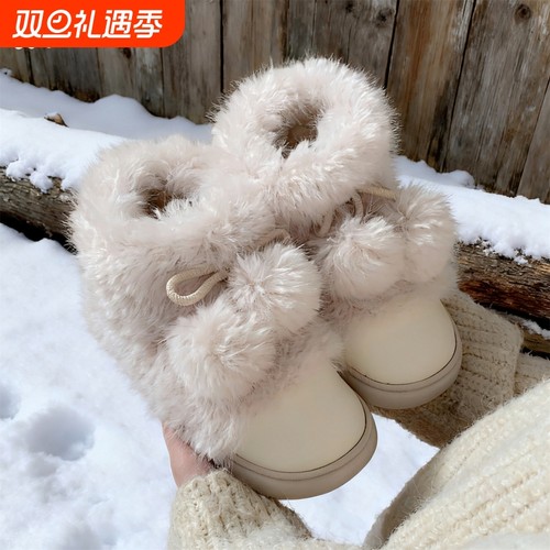 细细条蝴蝶结毛球雪地靴女