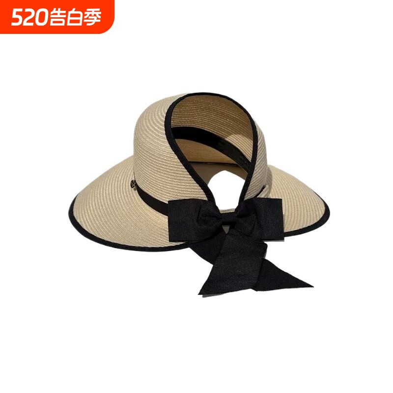 大檐防晒草帽女夏天出游沙滩空顶可折叠扎马尾新款防紫外线太阳