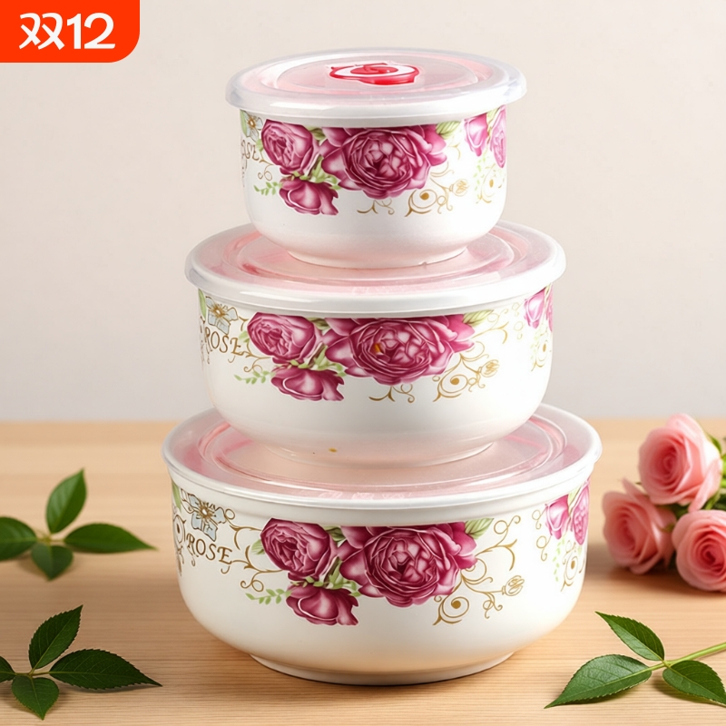 微波炉加热专用碗套装陶瓷碗带盖大号保鲜碗家用密封盒三件套带饭