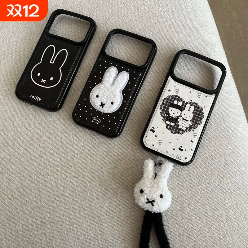 ins日系简约卡通小兔子适用iPhone16promax手机壳苹果15新款14pro可爱13pro网红12女13小众皮纹17全包防摔套