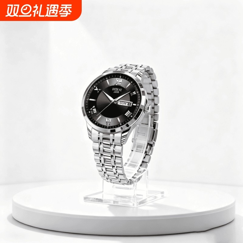 正品瑞士2024新款手表男士全自动机械风防水精钢带双日历男表夜光