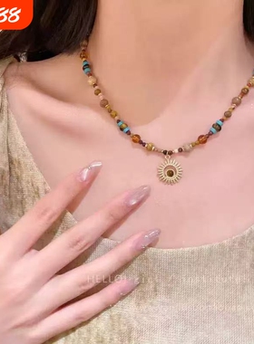 美拉德复古太阳花串珠项链高级感轻奢小众锁骨链民族风叠戴卫衣链