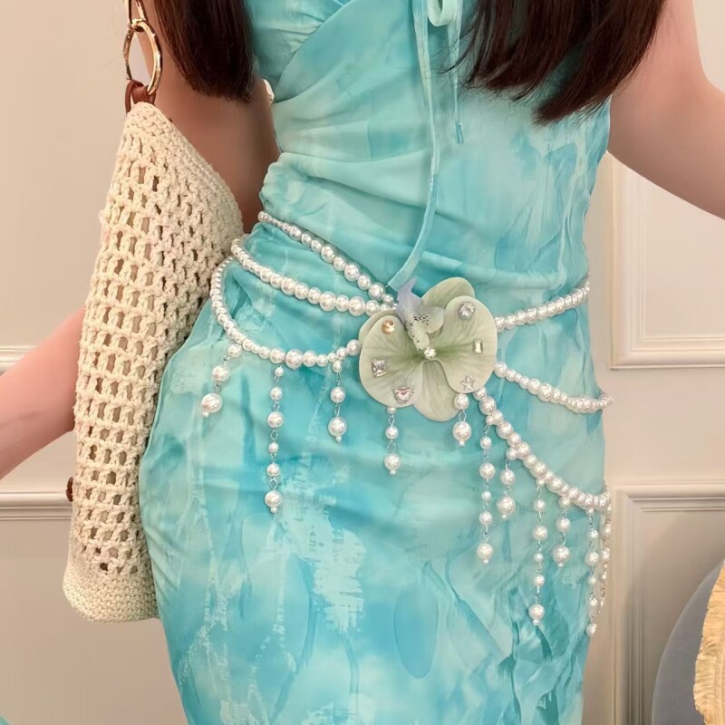 巨出片!绿色蝴蝶兰串珠腰链女气质时尚海边度假风裙子配饰身体链