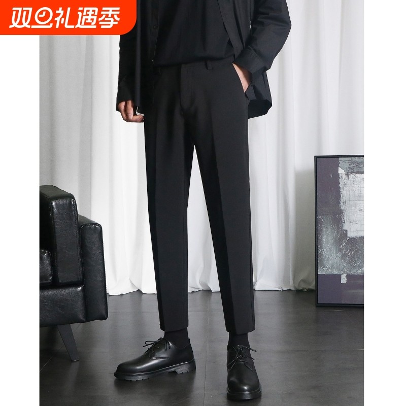 OWNR 黑色小西裤男修身直筒九分裤加绒休闲裤秋冬新款垂感西装裤