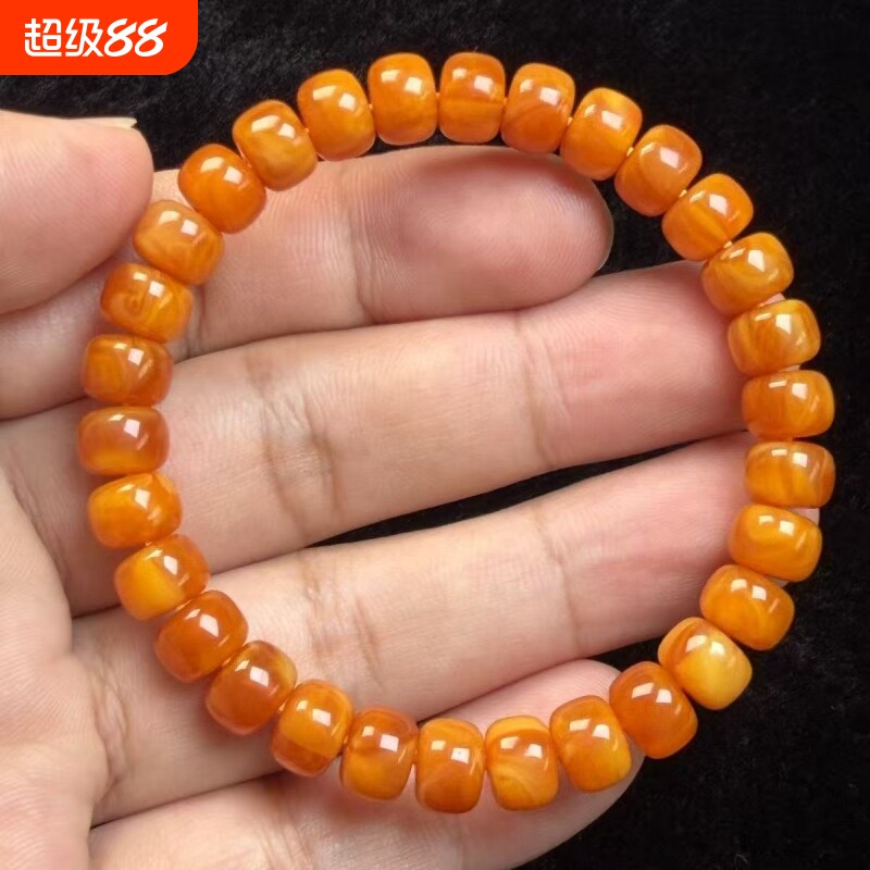 天然蜜蜡俄料正品老蜡手串琥珀妖花鸡油珠桶高端手链老型黄色药片