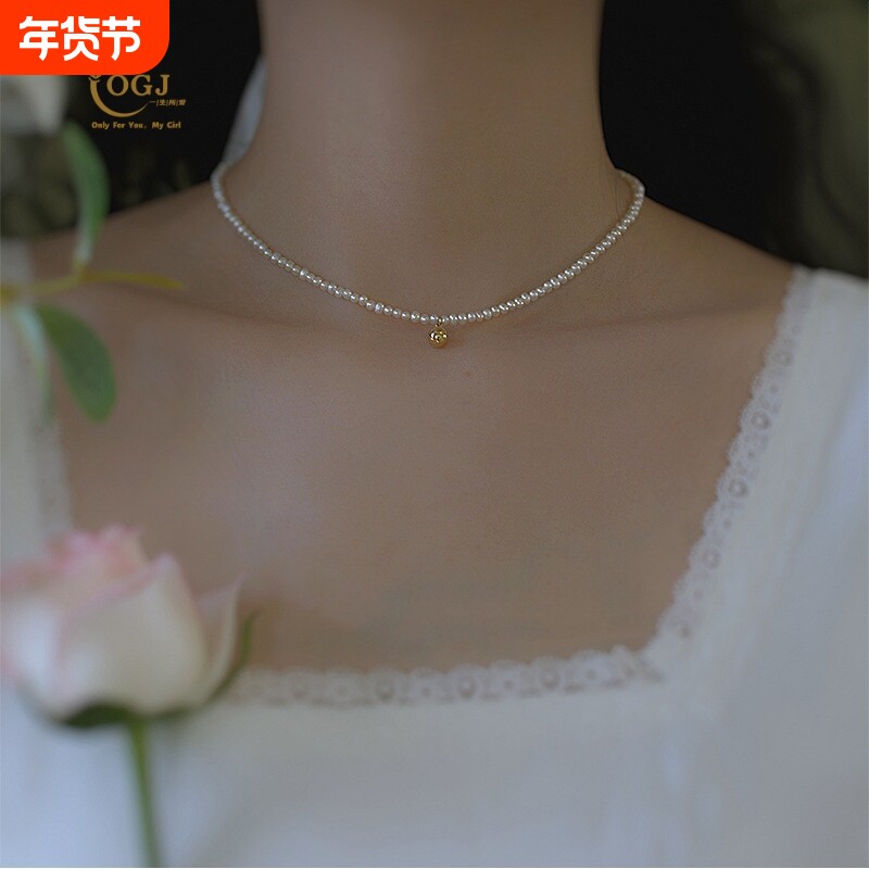 S925银天然淡水珍珠项链女小众设计颈链复古金珠吊坠高级感锁骨链