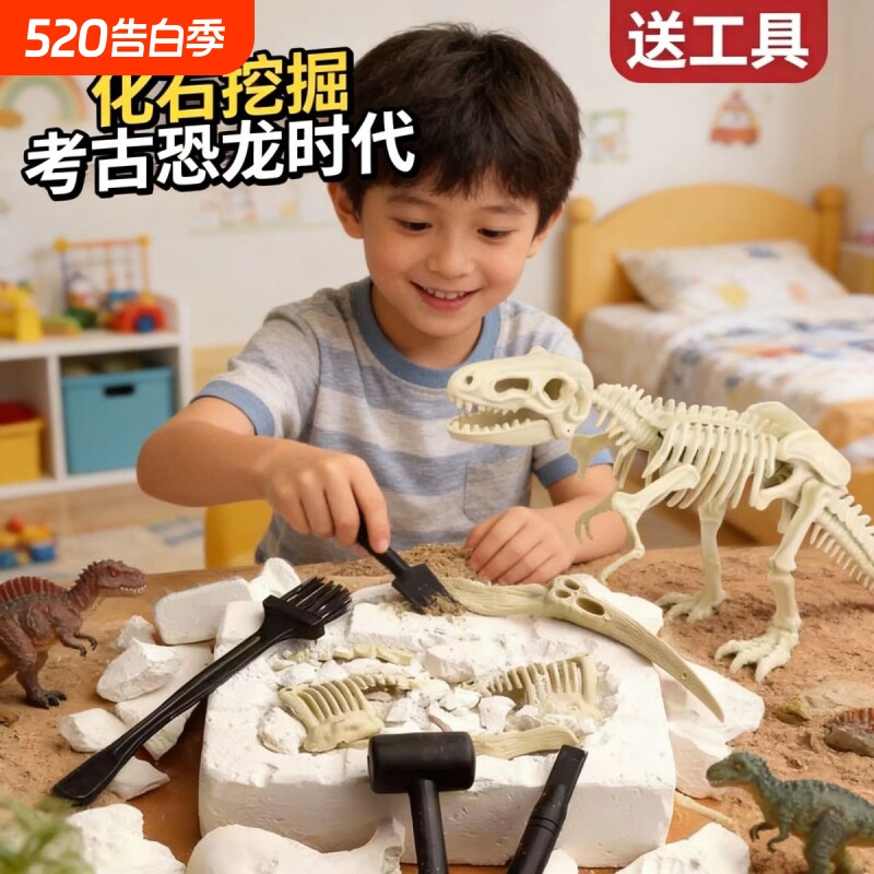 侏罗纪考古恐龙挖掘石膏化石玩具霸王骨架拼装模型儿童二年级科学