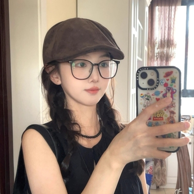 雅丹风穿搭巧克力色系麂皮绒复古前进帽秋冬百搭雅痞老爹帽潮