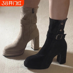 高跟靴子女秋冬2025新款磨砂牛皮粗跟显瘦厚底西部靴鞋子黑色中筒