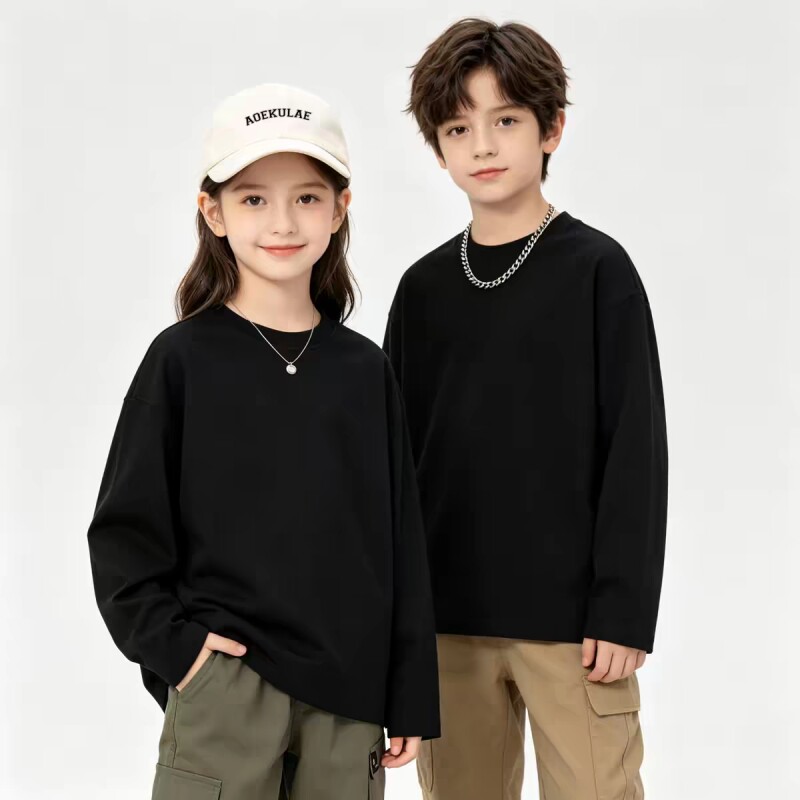春秋款儿童长袖t恤男童内搭校服打底衫女童白色纯棉大童纯白男孩