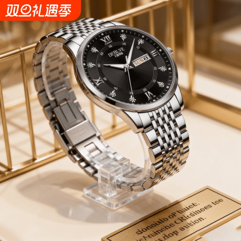手表男款机械风全自动防水高级感全自动男表数字双日历防水腕表男