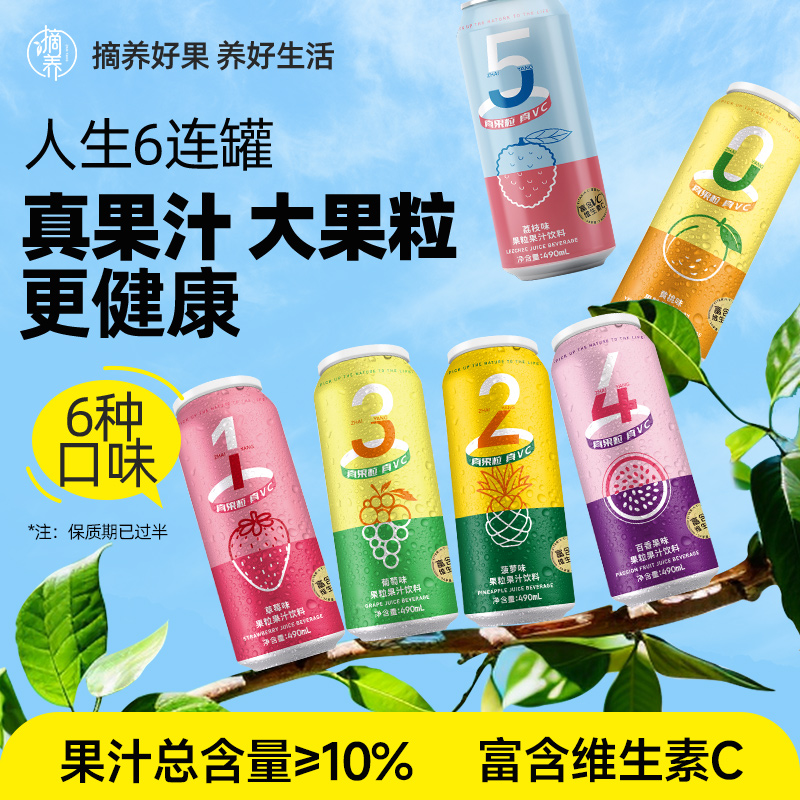 摘养大果粒果汁草莓菠萝百香果饮品490ml*5果汁饮料