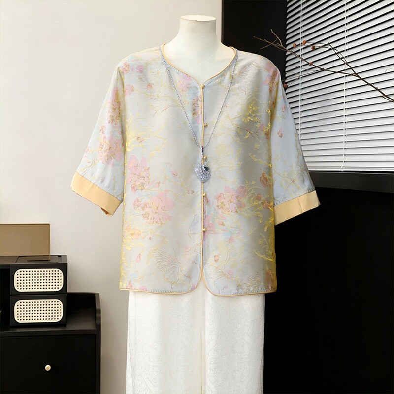 妈妈夏装端庄大气雪纺T恤中老年人女装新中式衬衫国风上衣服套装