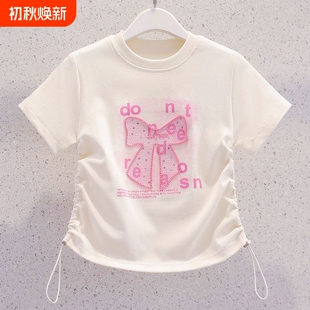 女童超好看短袖T恤夏季2026新款儿童修身短款上衣洋气蝴蝶结半袖