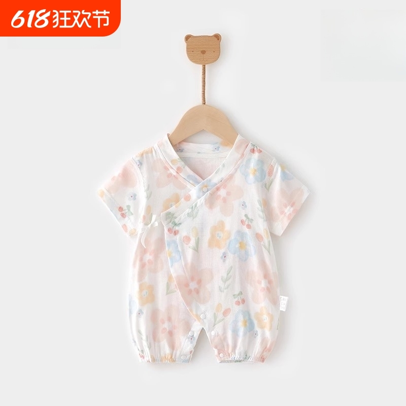 婴儿衣服夏季透气纱布连体衣夏天短袖薄款婴幼儿宝宝夏装家居服女