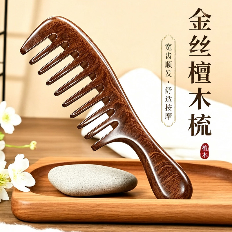 宽齿梳子檀木木头宽齿梳发女士专用不打结家用防静电按摩舒心梳头图片