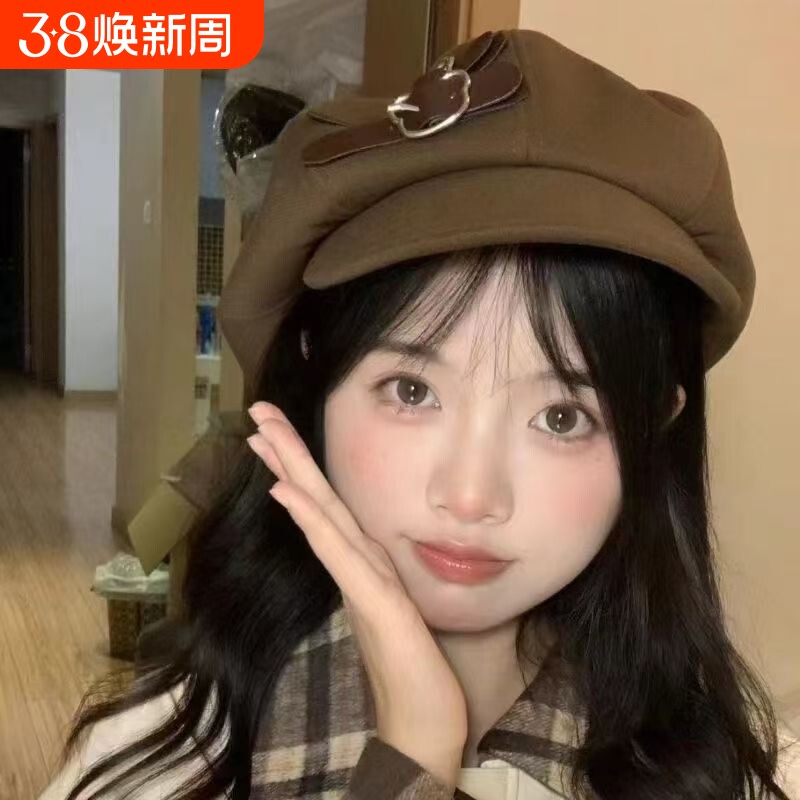 复古百搭云朵贝雷帽日系秋冬纽扣元素报童帽女生显脸小大头围帽子