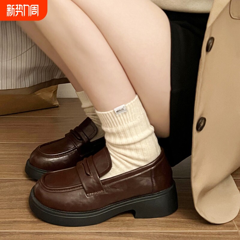 他她女孩棕色乐福鞋女厚底春秋季制服小皮鞋英伦风玛丽珍单圆头