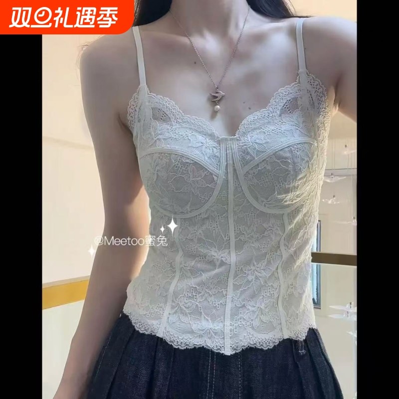 法式性感蕾丝美背吊带磨毛保暖背心带胸垫内搭打底上衣可外穿纯欲