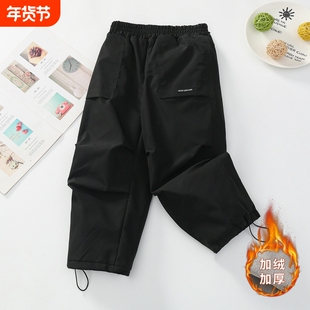 男童加绒冲锋裤秋冬款2026新款冬季加厚绒大儿童裤子防水户外黑色