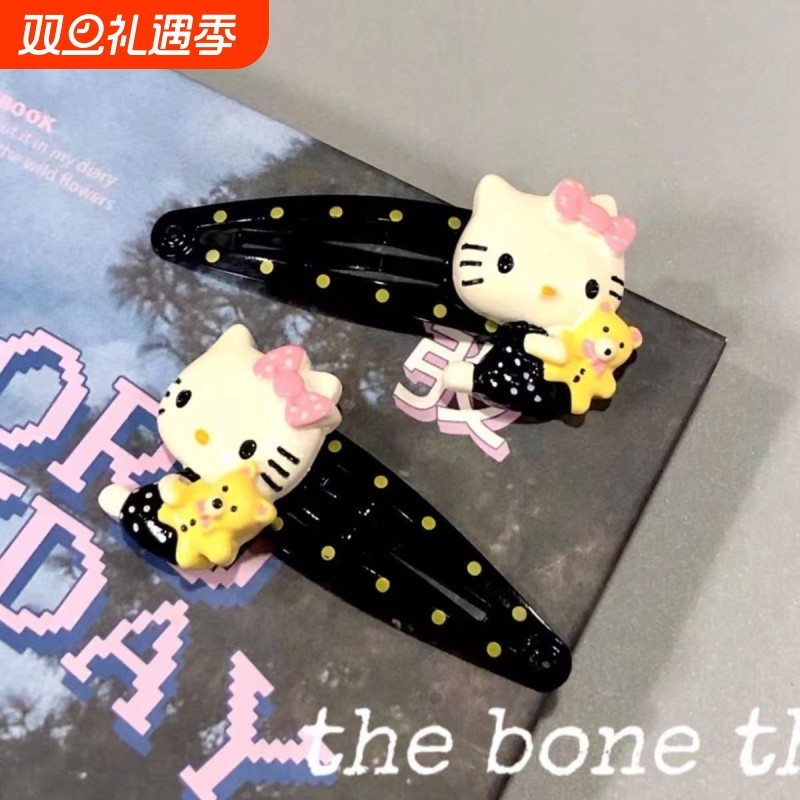 少女波点印花kt发夹bb黑色卡通y2k学生可爱复古刘海头饰侧边发饰