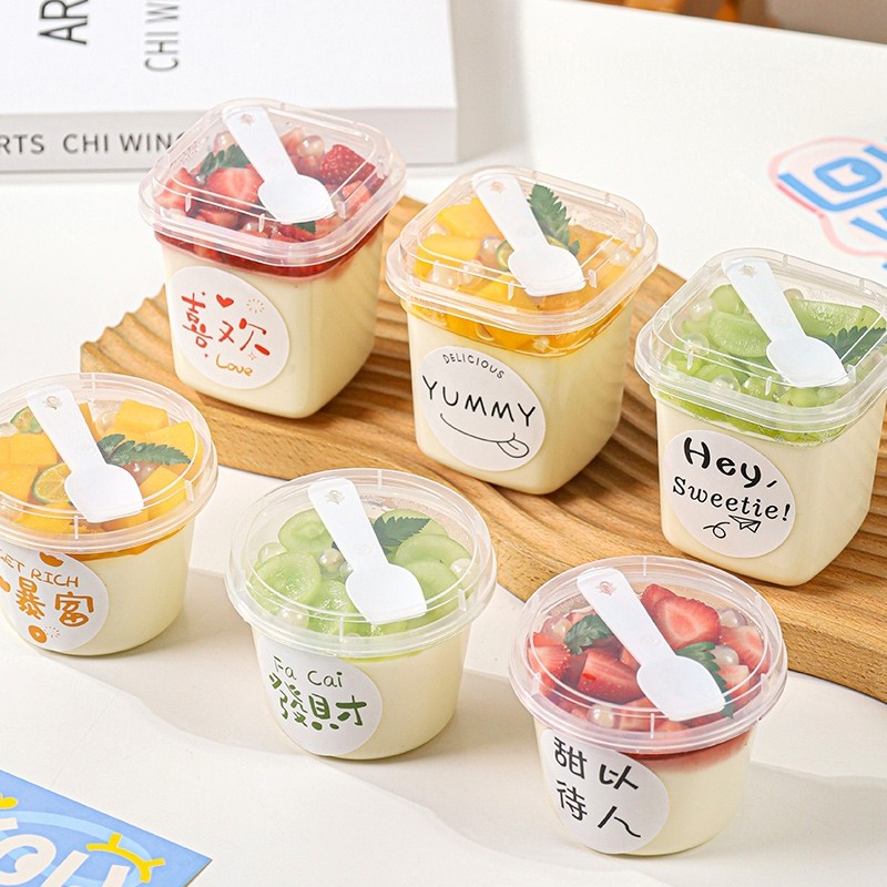 一次性布丁慕斯杯子自制双皮奶果冻塑料包装盒食品级带盖摆摊方形
