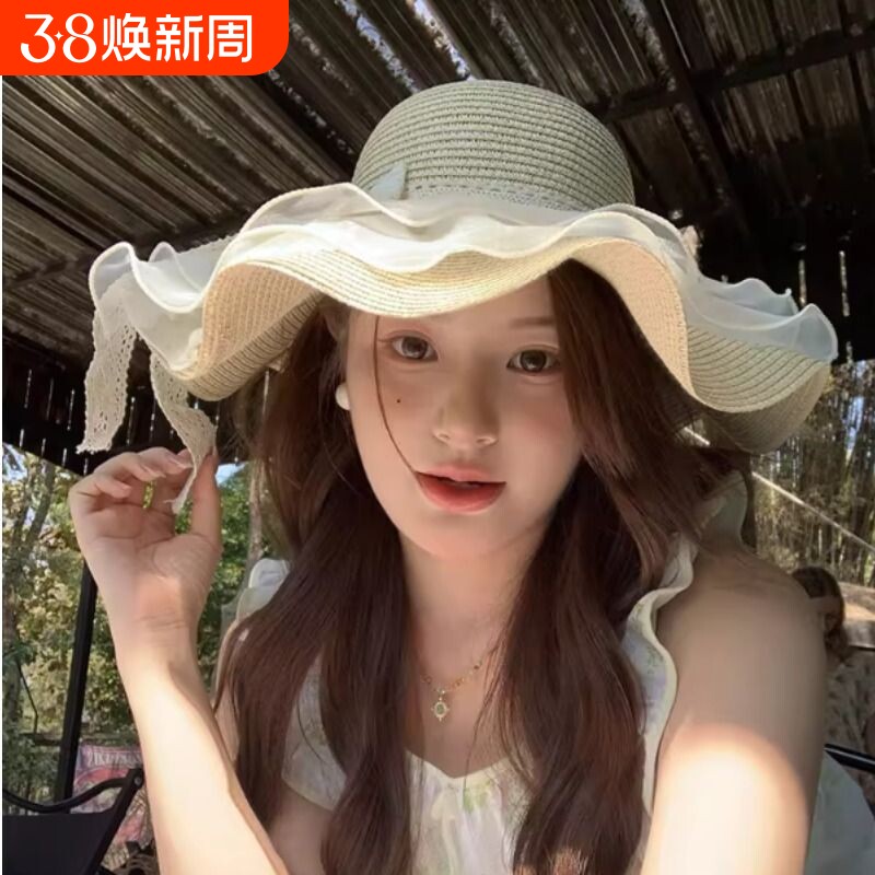 蕾丝蝴蝶结草帽女夏季百搭时尚海边出游度假防晒遮阳帽大帽檐帽子