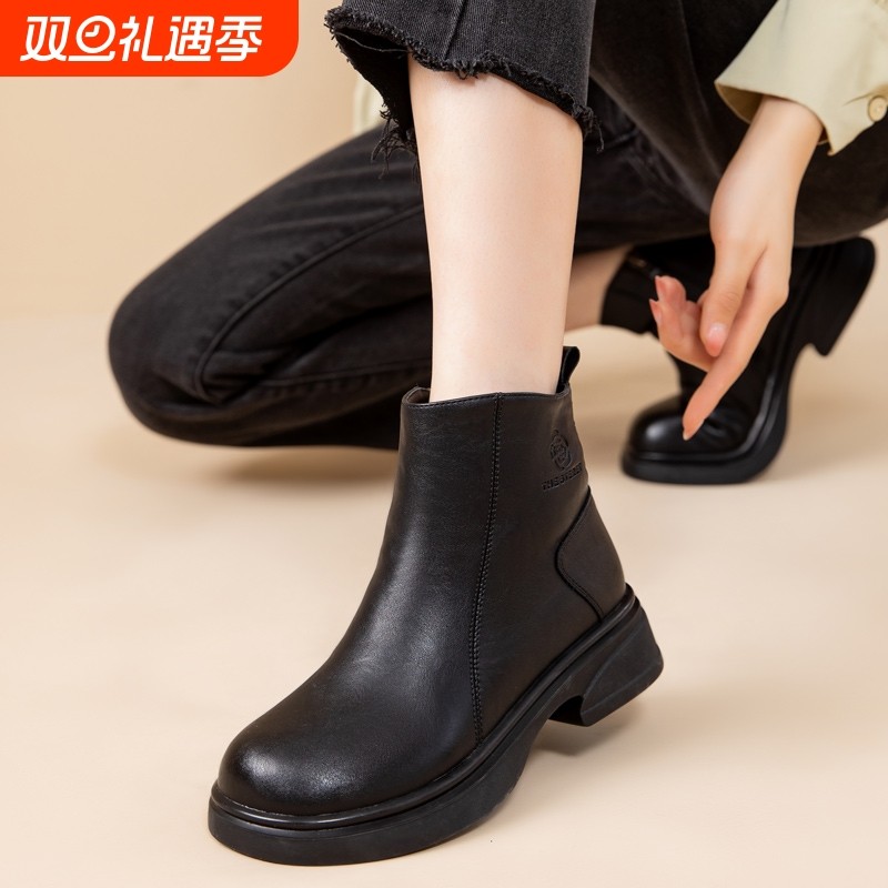 他她女孩真皮软底短靴妈妈鞋子棉鞋加绒中老年皮鞋女鞋子2025黑色