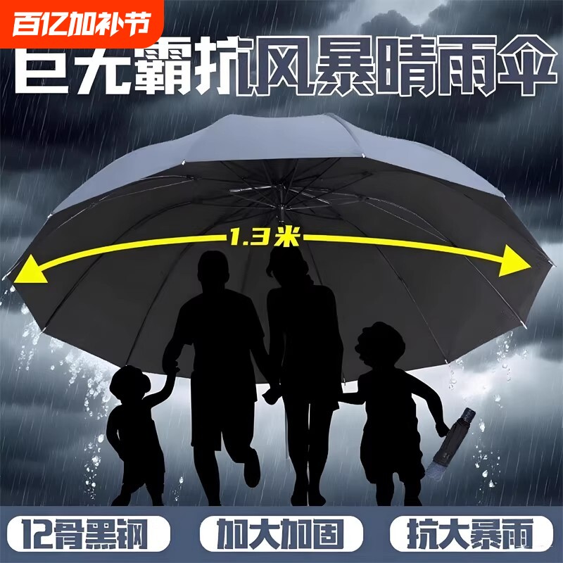 12骨防风超大号雨伞加大加厚加固伞简约晴雨两用自动折叠骨架纯色