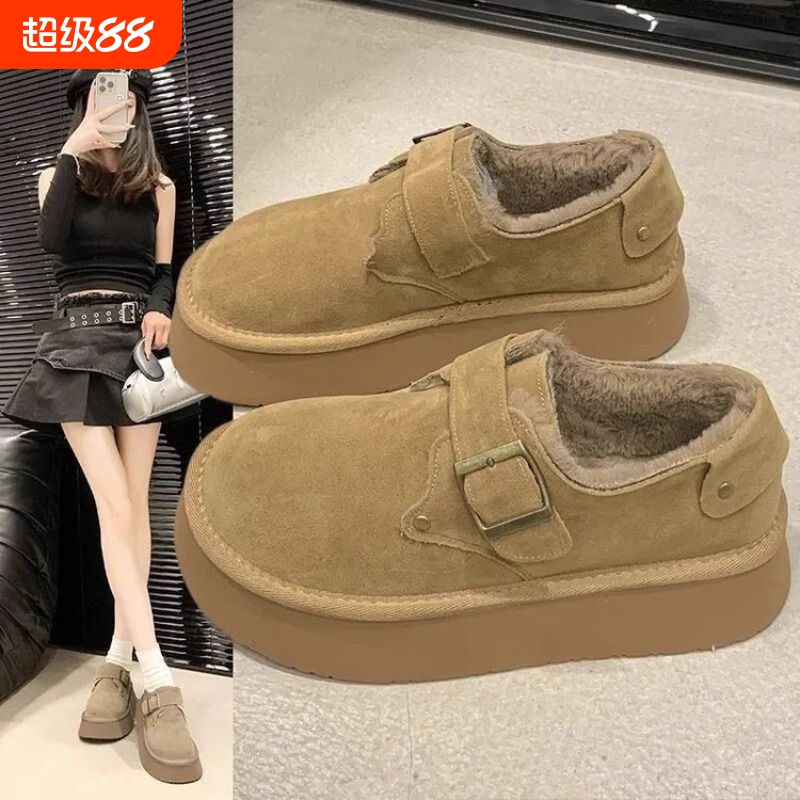 他她女孩厚底勃肯鞋加绒博肯女鞋子冬季棕色保暖一脚蹬雪地靴棉鞋