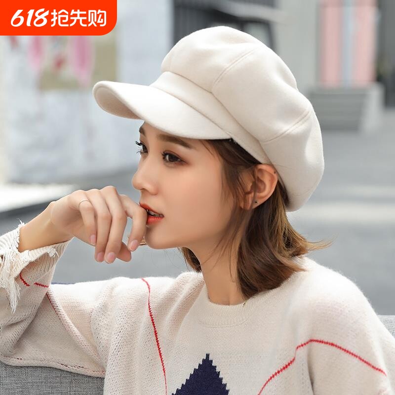 毛呢八角帽子女秋冬贝雷鸭舌休闲百搭画家英伦帽灰色红色黑色