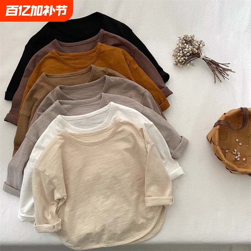 儿童春秋新款纯色竹节棉T恤男女童宽松大地色打底衫宝宝潮1薄款