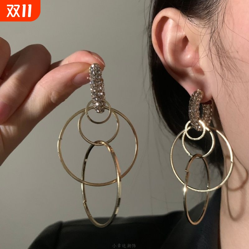 HEY TAO重工金色闪钻多层几何圆形耳环女时尚轻奢气质高级感耳饰